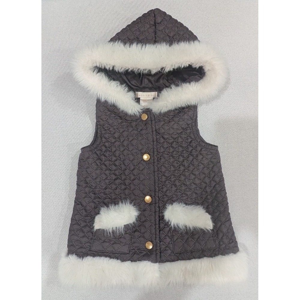 Maggie & Zoe Quilted Vest Girls 5T Gray Excellent Faux Fur Trim Hooded Puffer